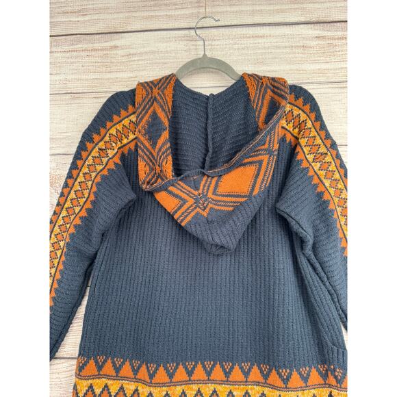 Lucky Brand Southwest Open Front Hooded Cardigan Sweater Womens Small Blue Brown - Picture 4 of 14